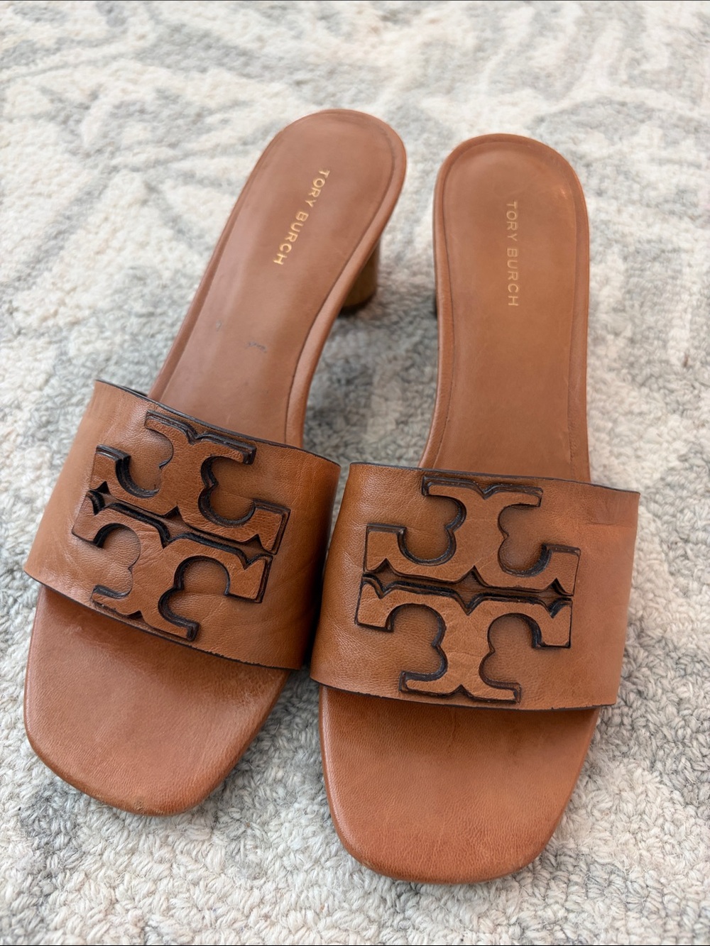 Tory Burch Ines Heeled  Mule Cognac Leather Logo - Picture 8 of 15